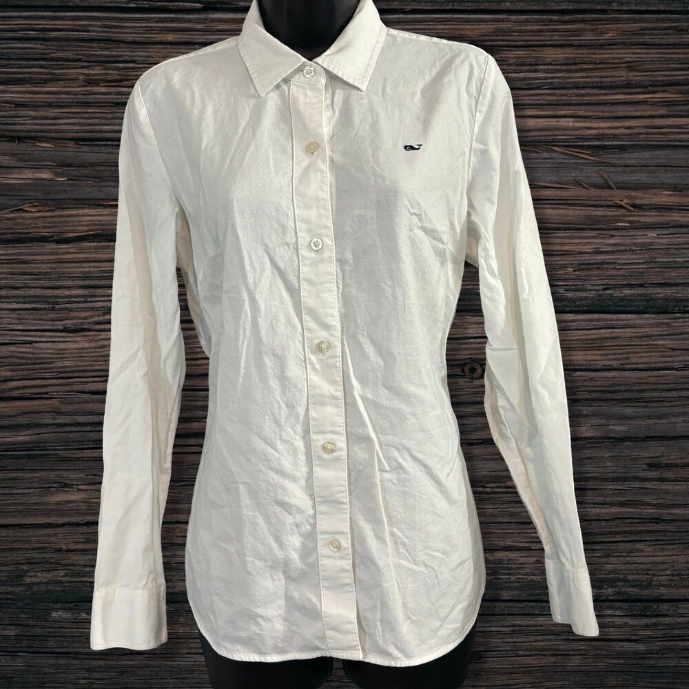 Vineyard Vines Women’s Size 8 White Button Down Shirt Whale Logo Cotton